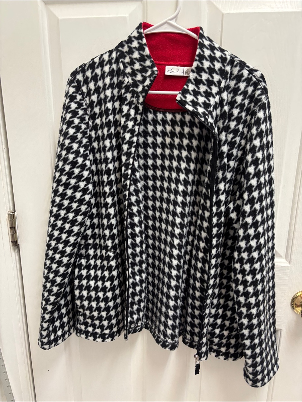 Kim Roger’s Black & White Houndstooth Zip-Front Peacoat with Red Liner